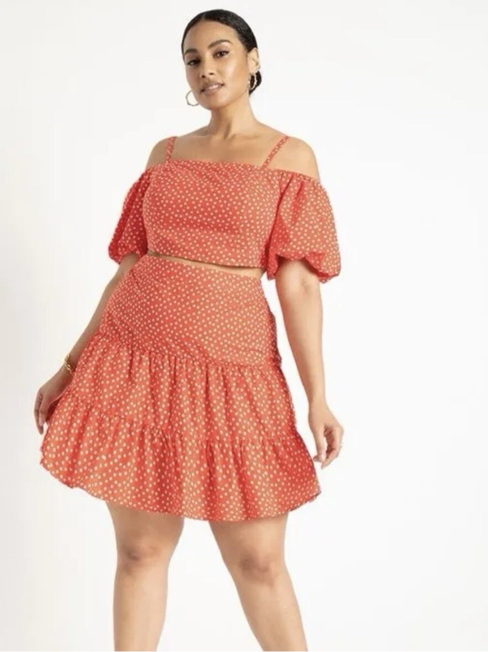 Eloquii Red Polka Dot Tiered Skirt and Off the Shoulder Crop Top size 16 in red